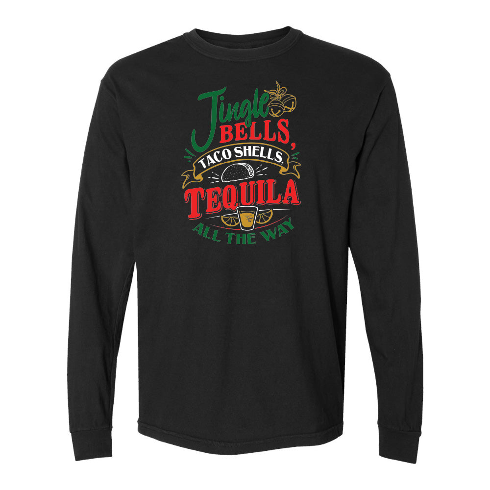 Black long-sleeve shirt with colorful text design on a white background