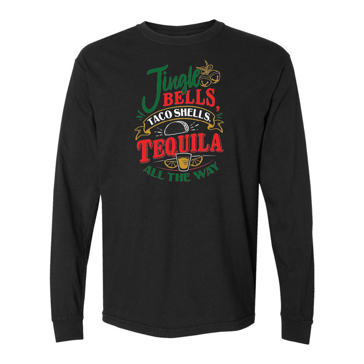 Black long-sleeve shirt with colorful text design on a white background