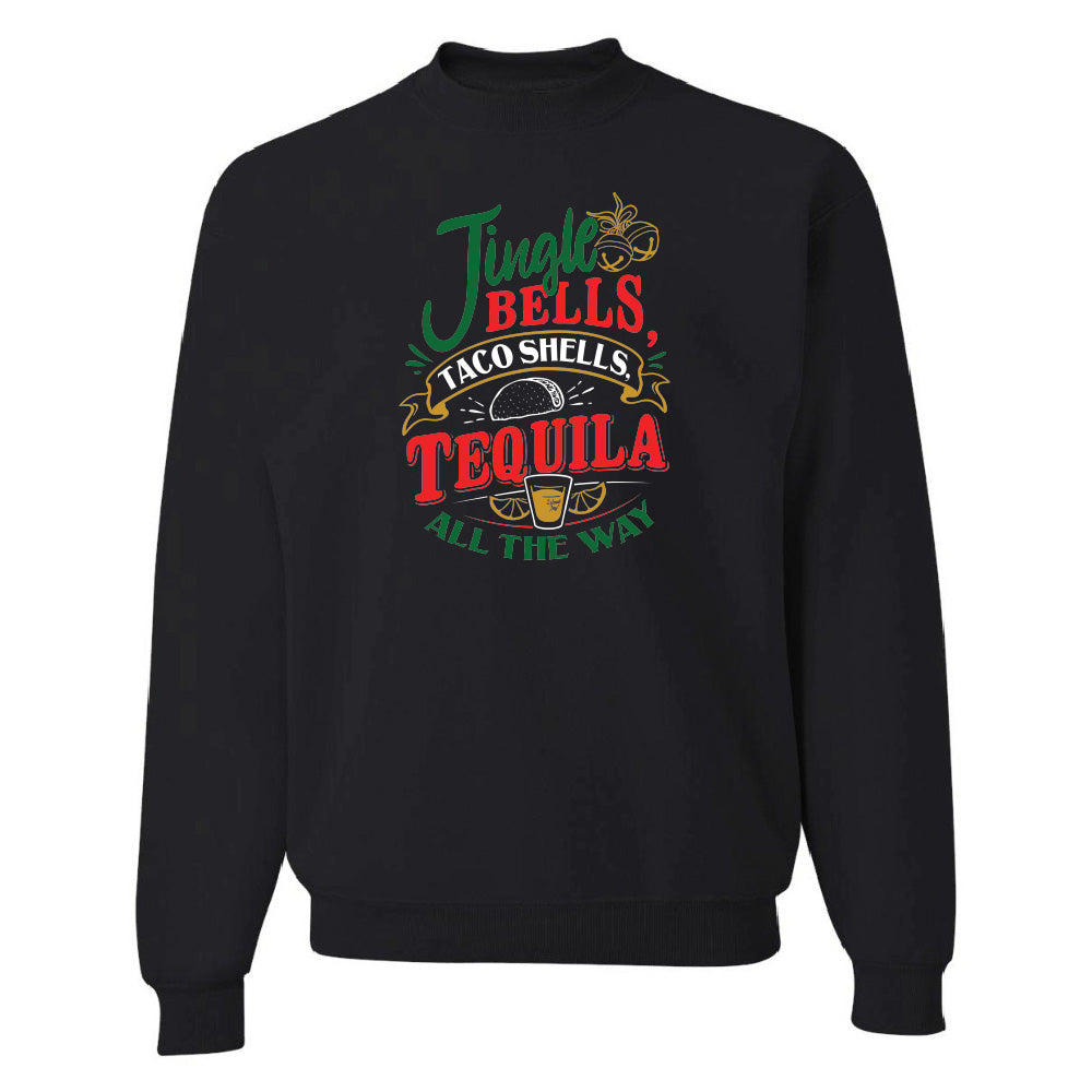 Black sweatshirt with colorful text design on a white background