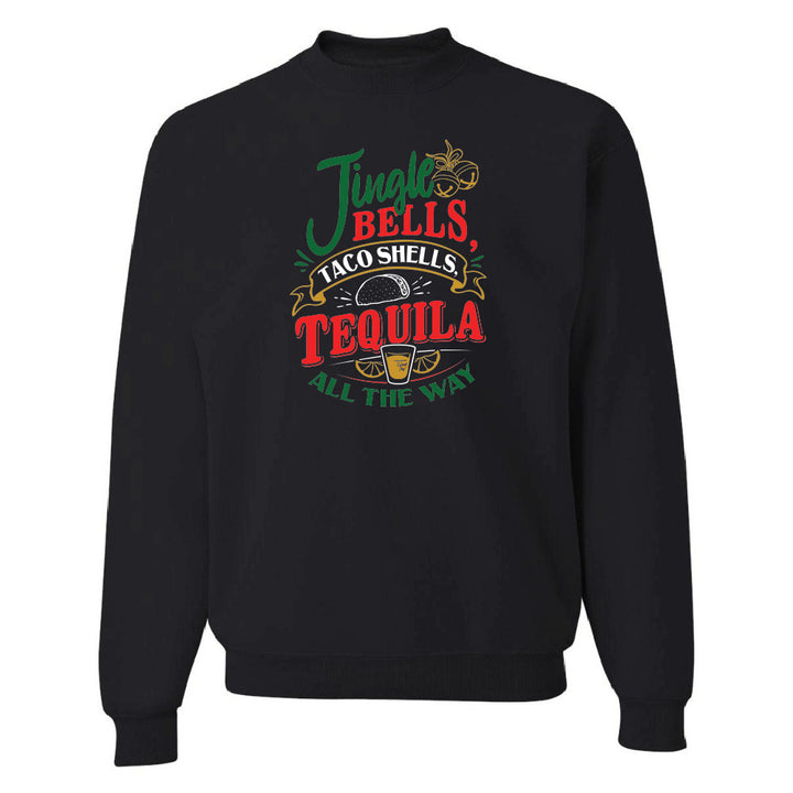 Black sweatshirt with colorful text design on a white background