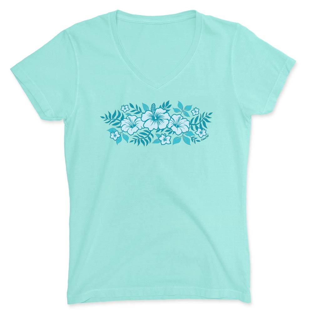 Mint green t-shirt with floral design on a white background