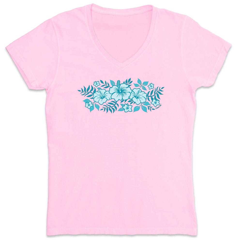 Pink t-shirt with blue floral design on a white background