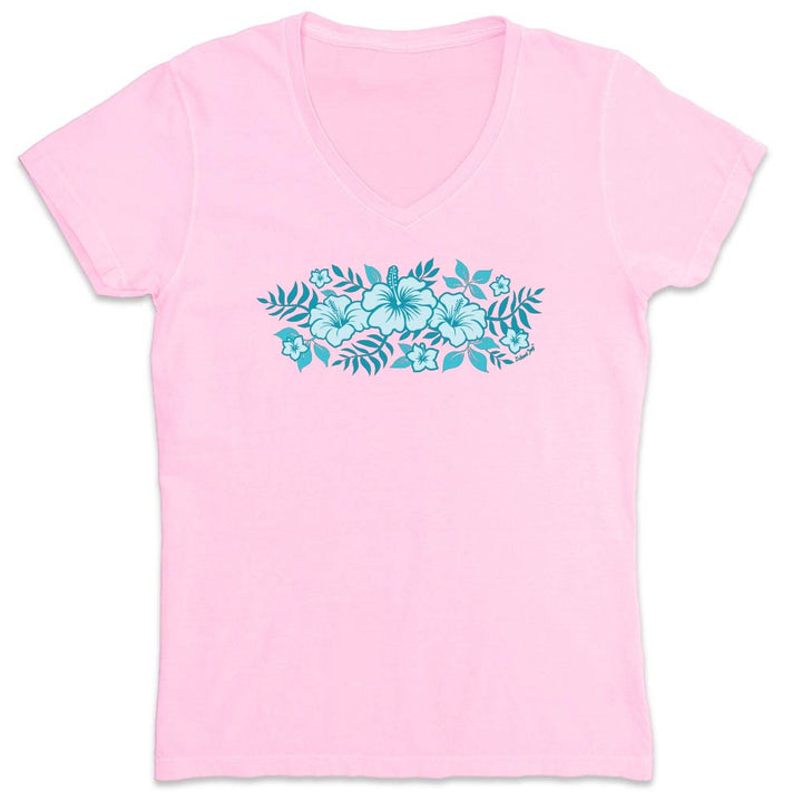 Pink t-shirt with blue floral design on a white background
