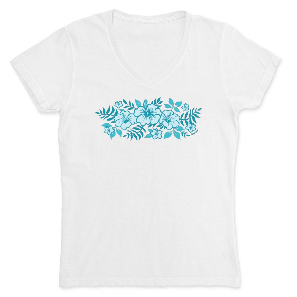 White t-shirt with blue floral design on a white background