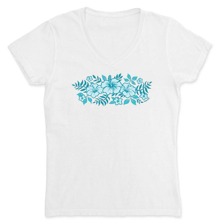 White t-shirt with blue floral design on a white background