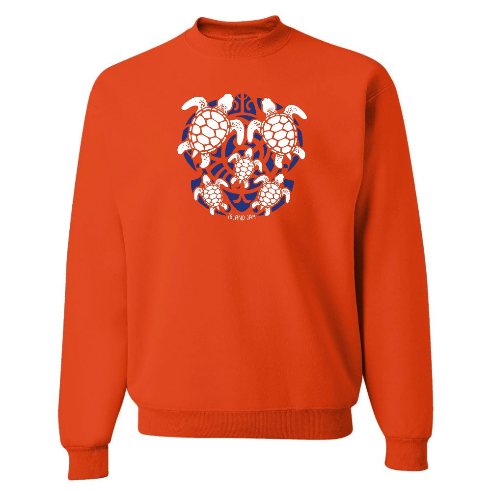 Orange hoodie with a blue and white turtle graphic on a white background