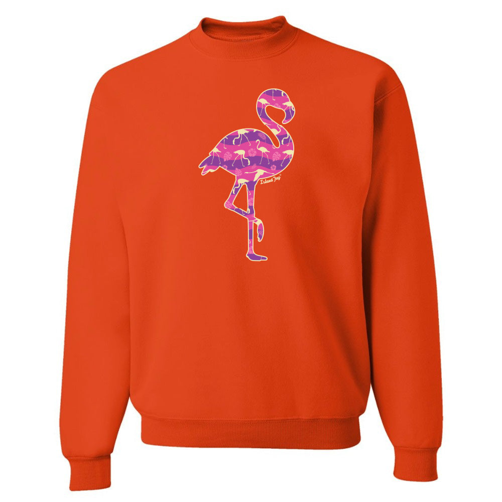 Orange sweatshirt with a colorful flamingo design on a white background