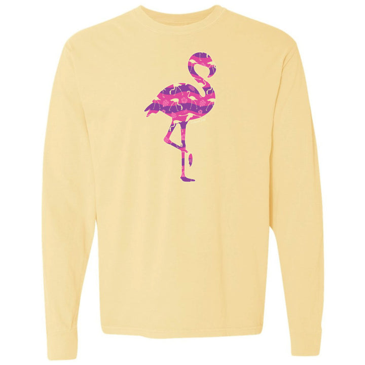 Yellow long-sleeve shirt with a pink flamingo design on a white background
