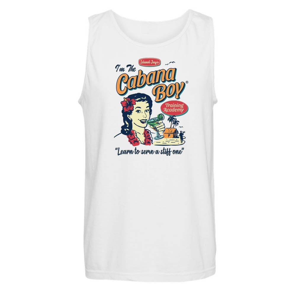White tank top with 'I'm The Cabana Boy' graphic design featuring a woman with a cocktail.