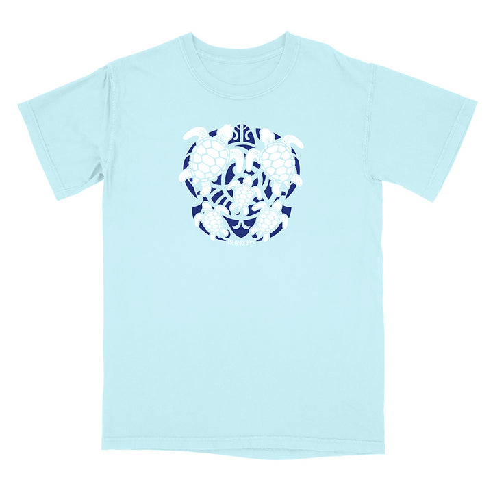 Light blue t-shirt with turtle design on a white background