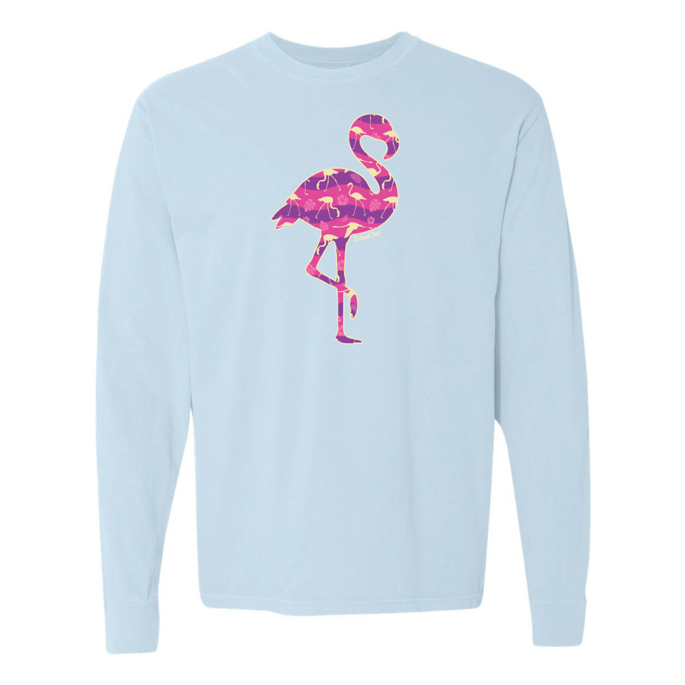 Light blue long-sleeve shirt with a pink flamingo design on a white background