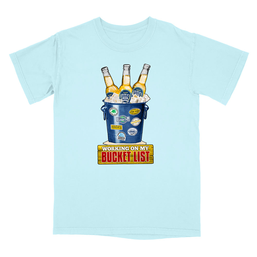 Light Blue t-shirt with a graphic of a bucket of beer and 'Working on my Bucket List' text.