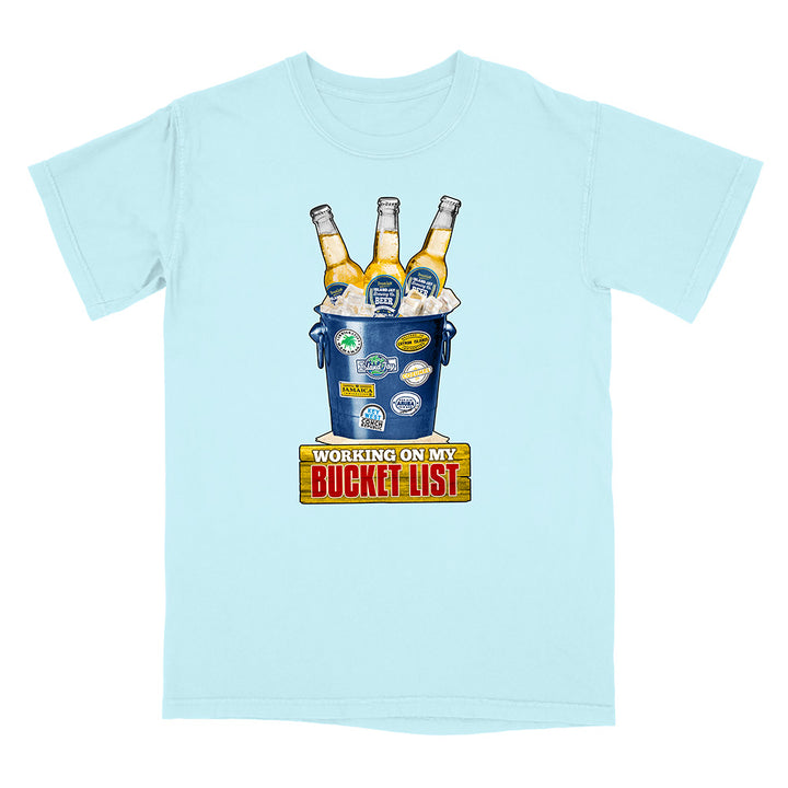 Light Blue t-shirt with a graphic of a bucket of beer and 'Working on my Bucket List' text.