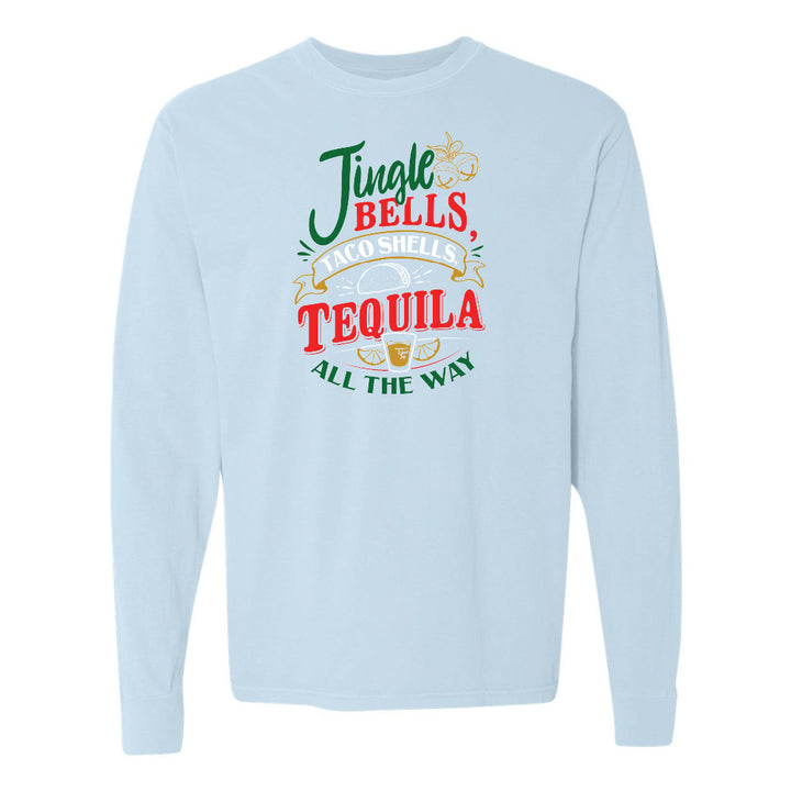 Light blue sweatshirt with festive text design on a white background