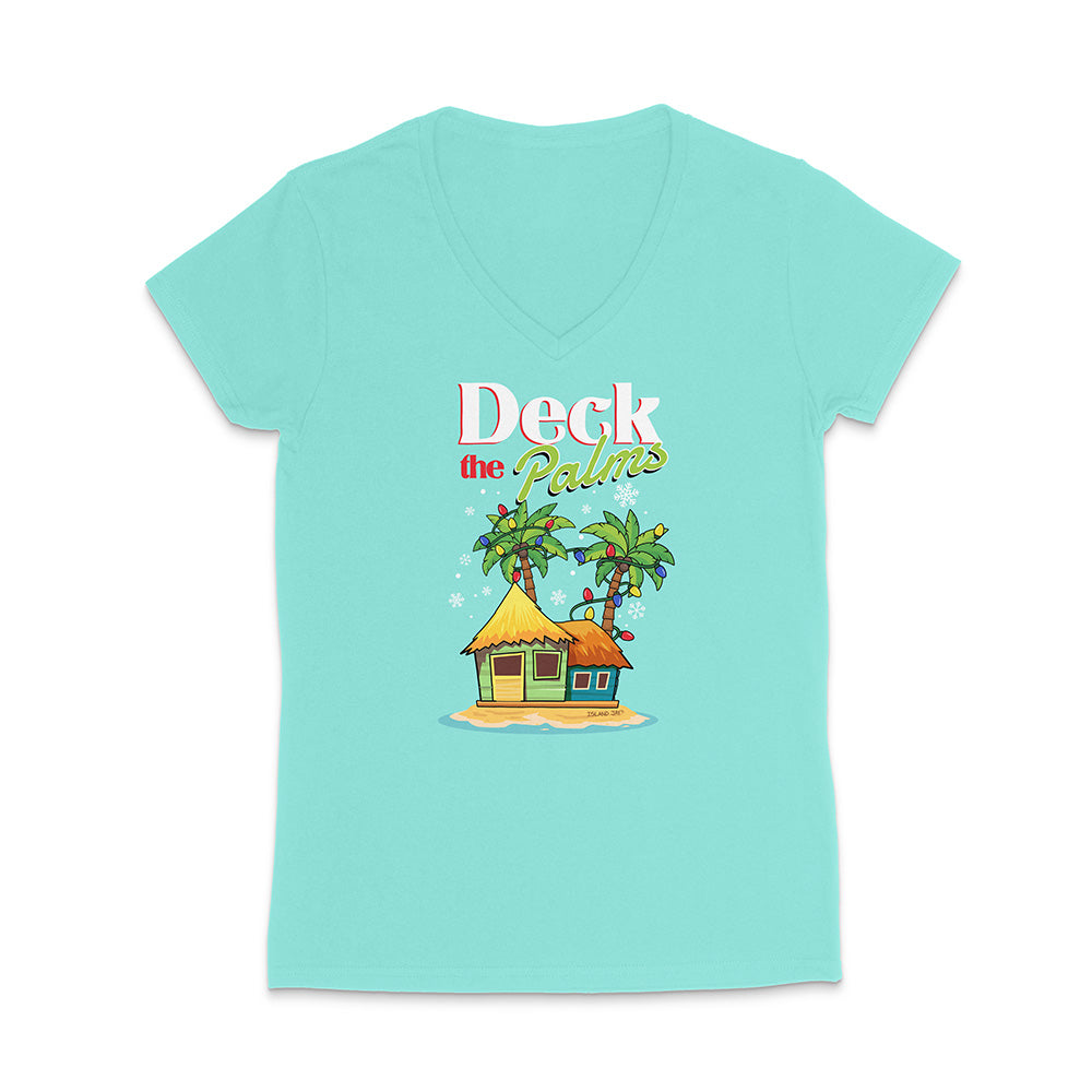 Mint Green t-shirt with a tropical hut and palm trees graphic and 'Deck the Palms' text on a white background.