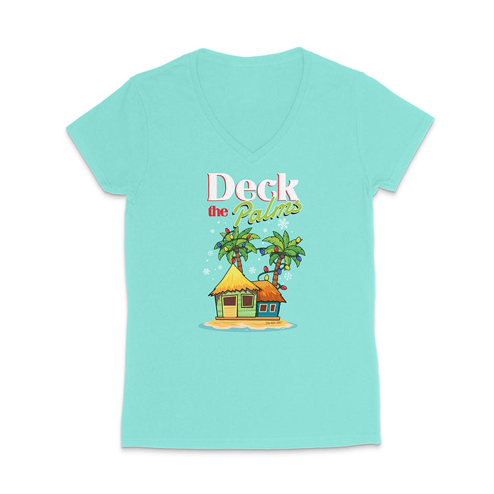Mint Green t-shirt with a tropical hut and palm trees graphic and 'Deck the Palms' text on a white background.