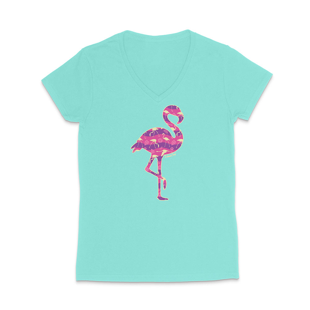 Mint green v-neck t-shirt with a colorful flamingo design on a white background