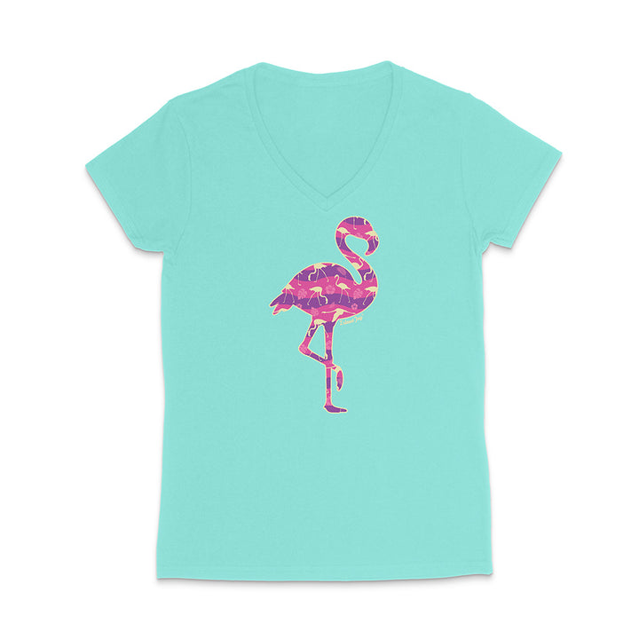 Mint green v-neck t-shirt with a colorful flamingo design on a white background
