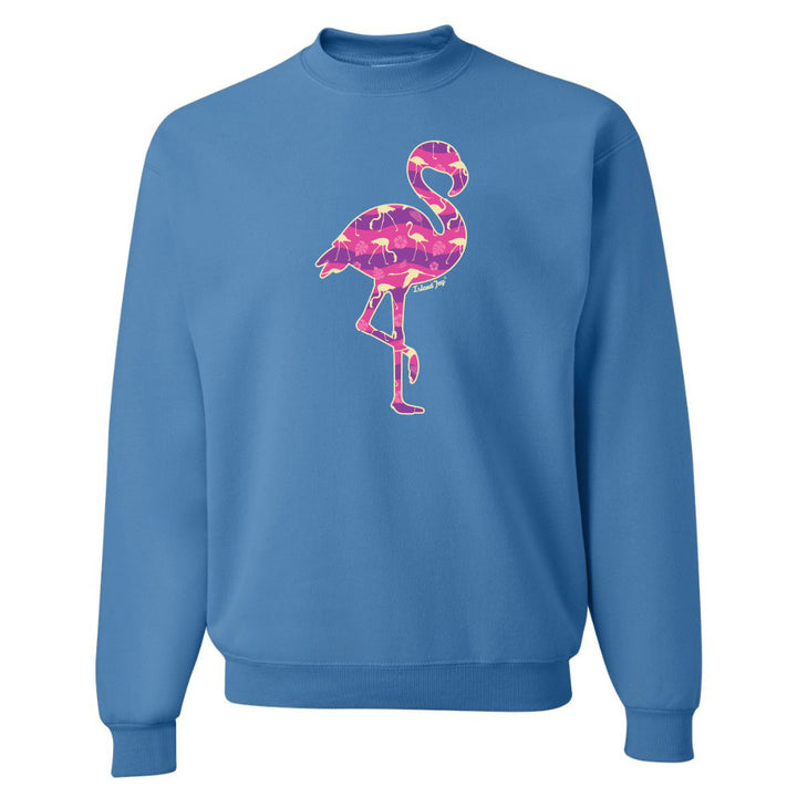 Columbia Blue sweatshirt with a colorful flamingo design on a white background