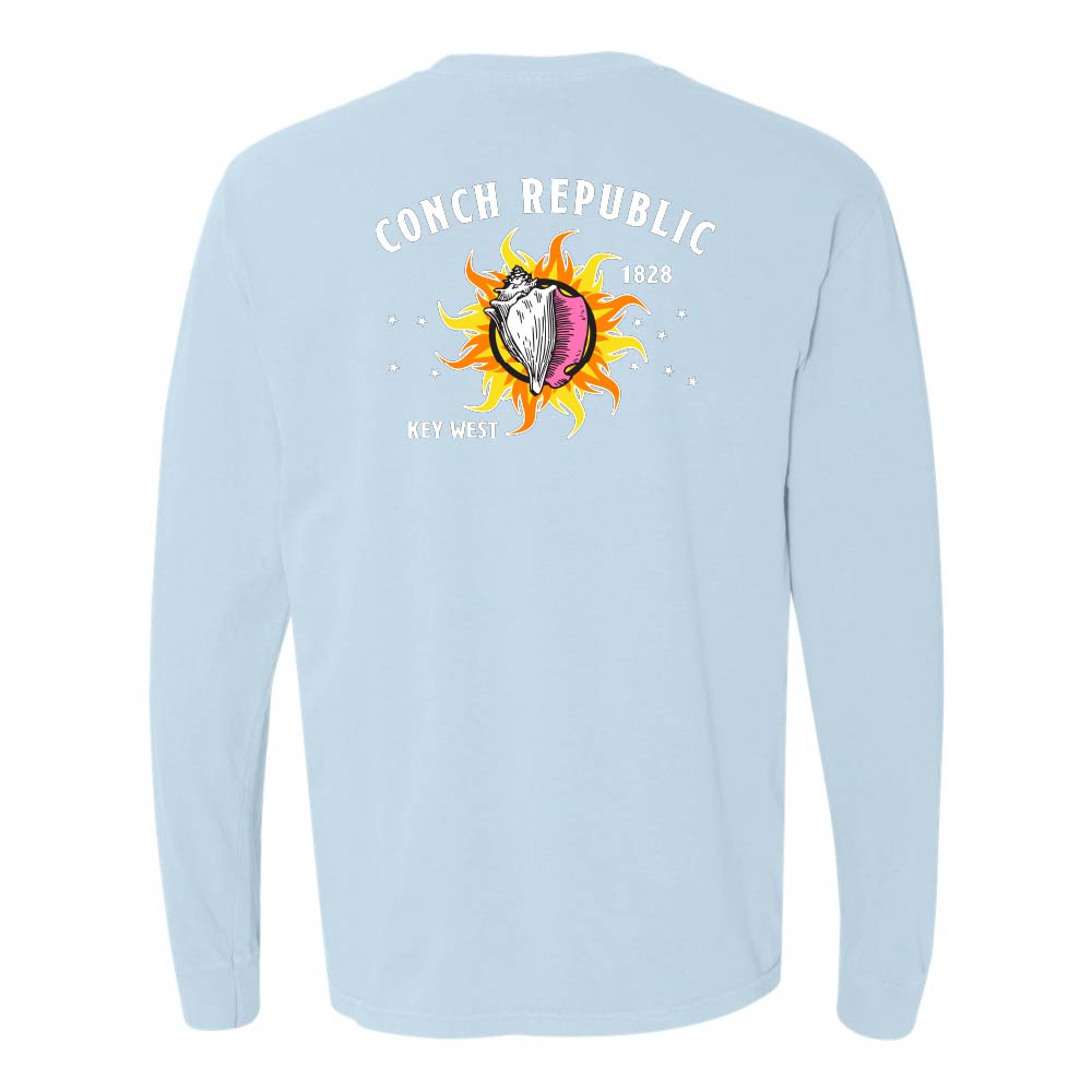Light Blue long-sleeve shirt with a Key West Conch Republic Flag graphic.