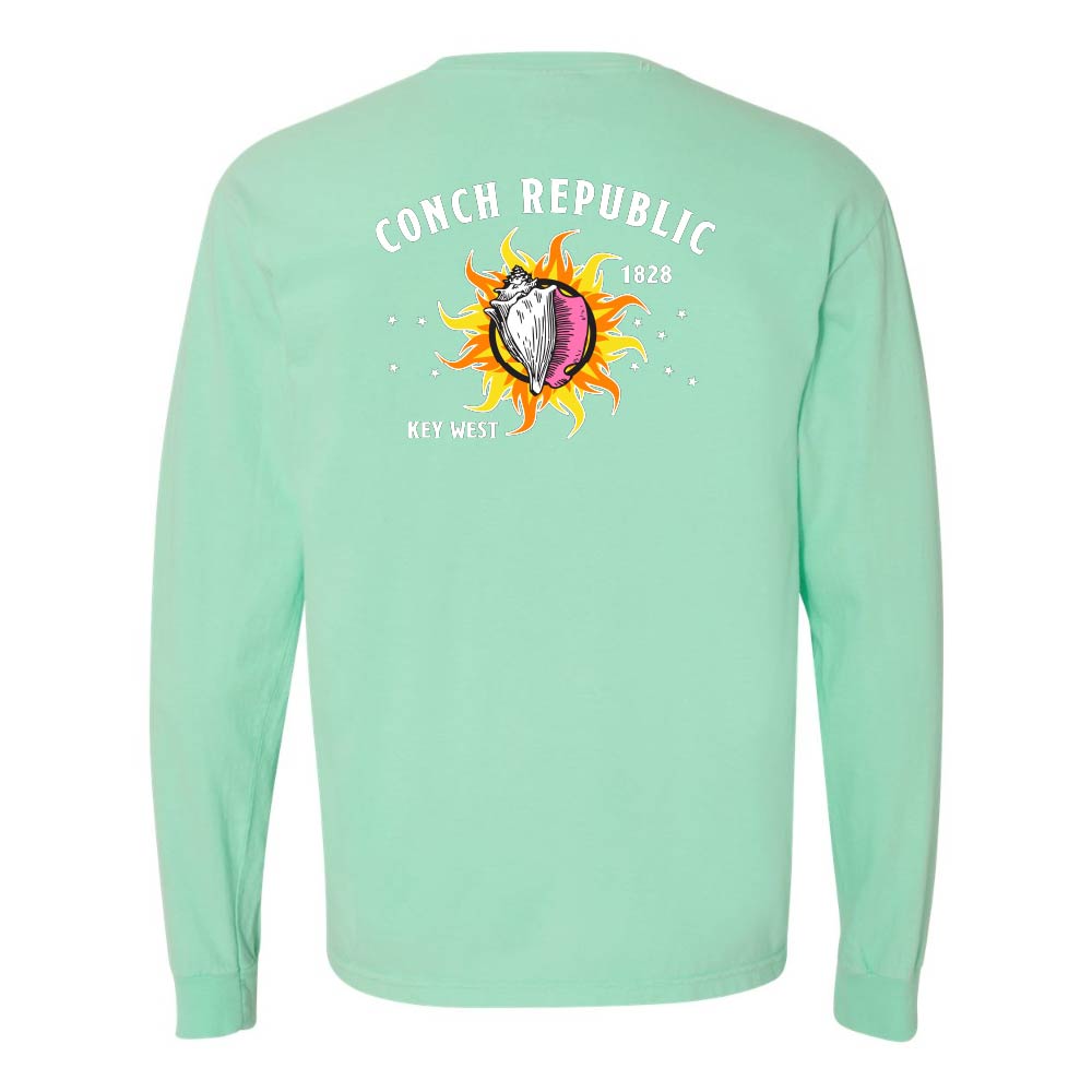 Mint green long-sleeve shirt with a Key West Conch Republic Flag graphic.