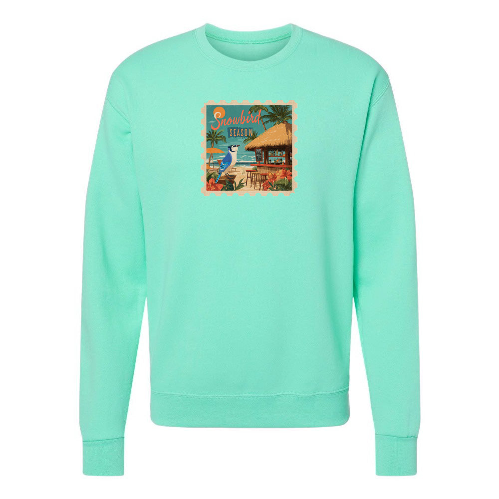Mint green sweatshirt with a colorful graphic on a white background