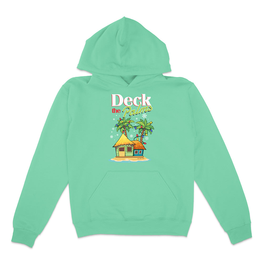 Mint green Hoodie with a tropical hut and palm tree design with graphic text reading "Deck The Palms" on a white background.
