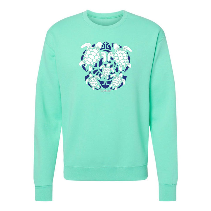 Mint Green hoodie with a blue and white turtle graphic on a white background