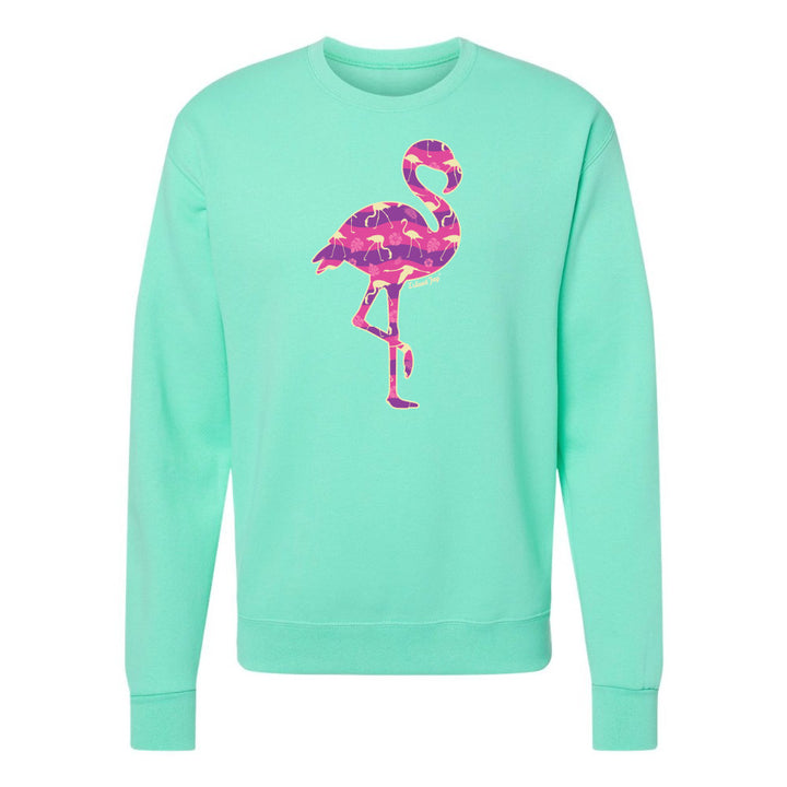 Mint Green sweatshirt with a colorful flamingo design on a white background