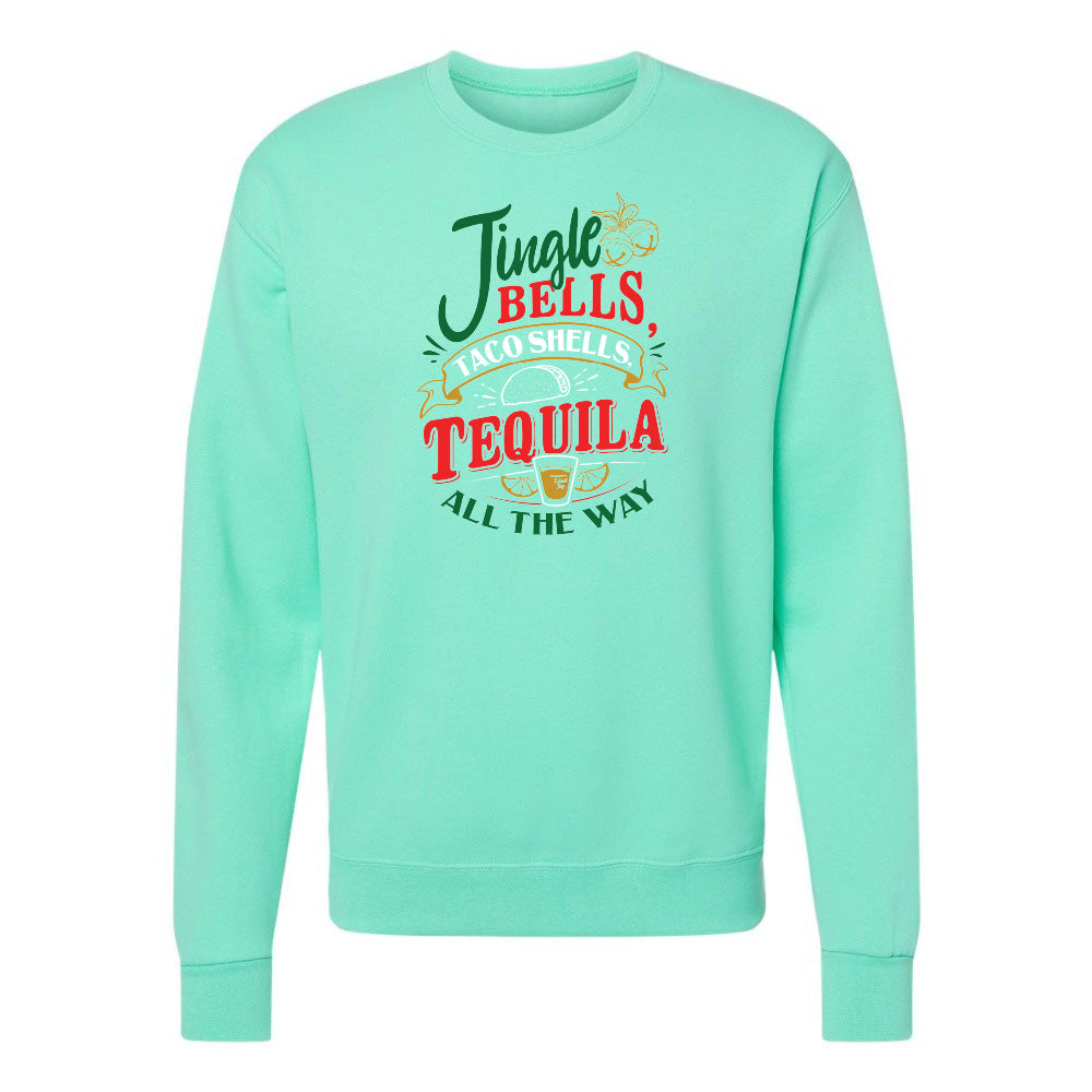 Mint green sweatshirt with festive text design on a white background