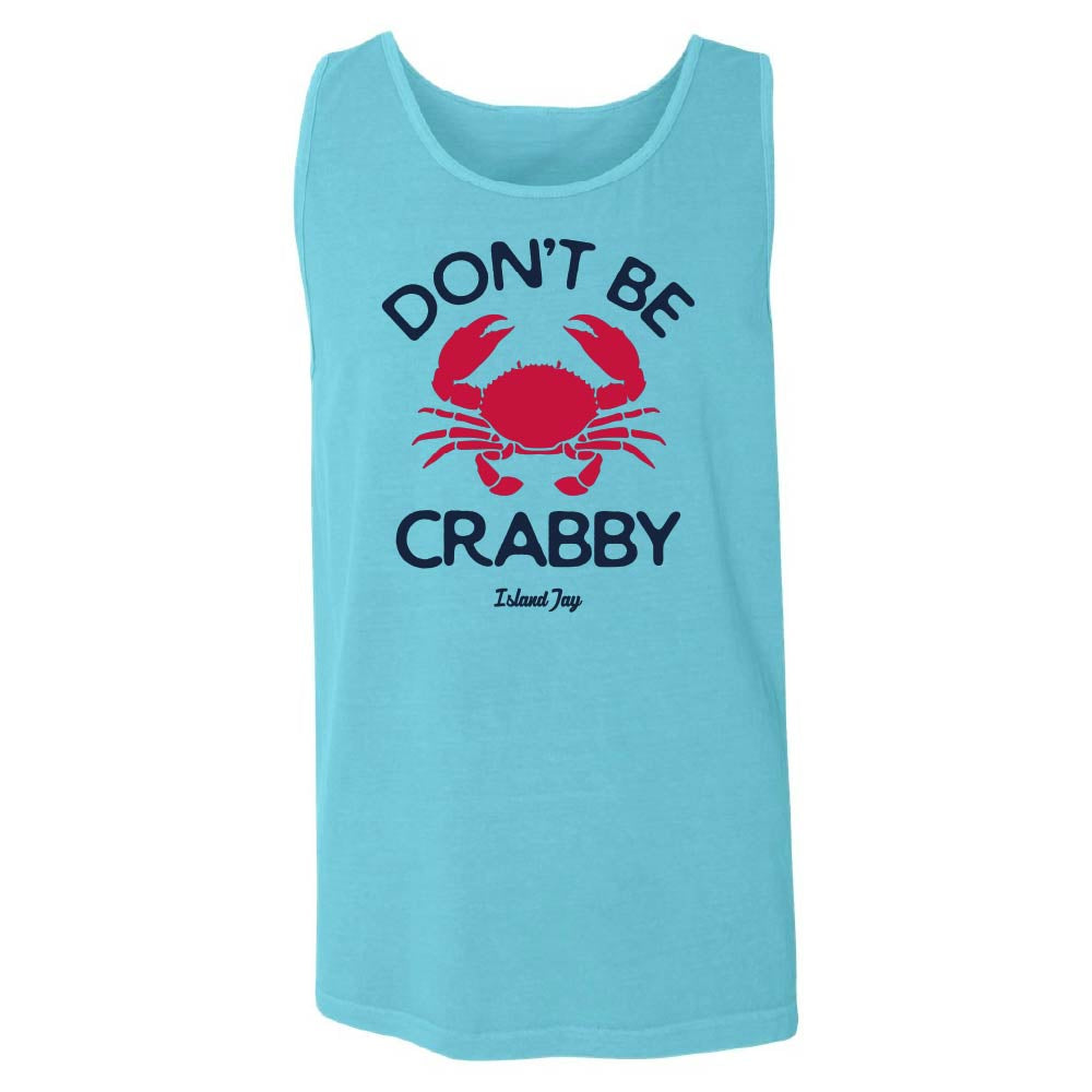 Blue tank top with red crab graphic and text 'Don't Be Crabby'.