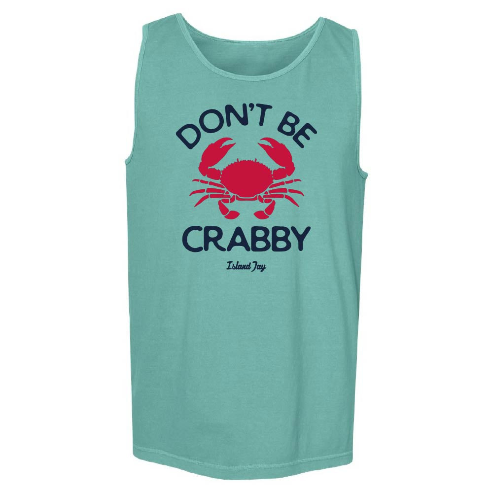 Teal tank top with red crab graphic and text 'Don't Be Crabby'.