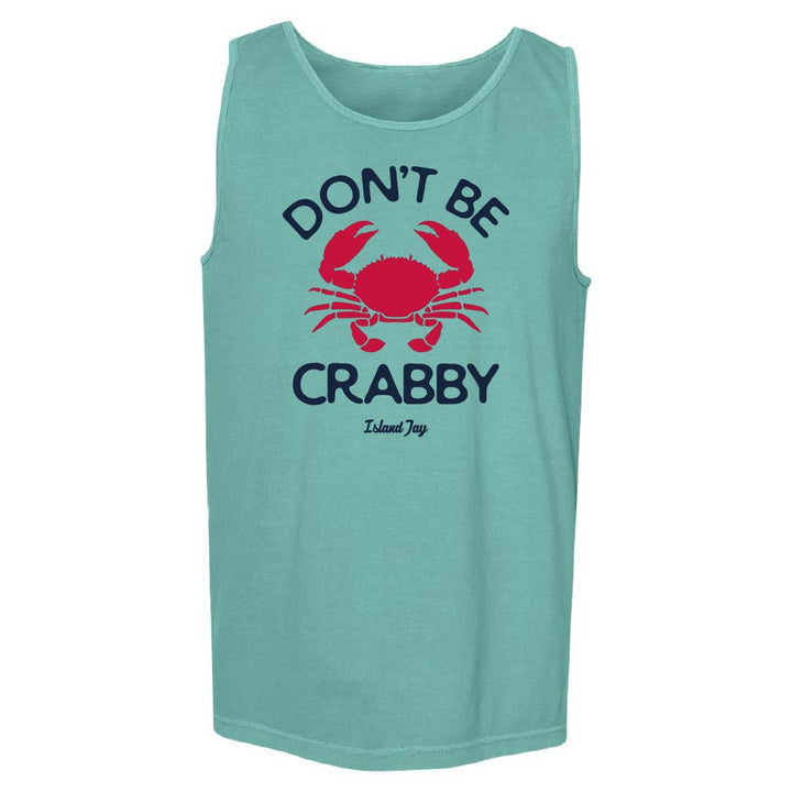 Teal tank top with red crab graphic and text 'Don't Be Crabby'.