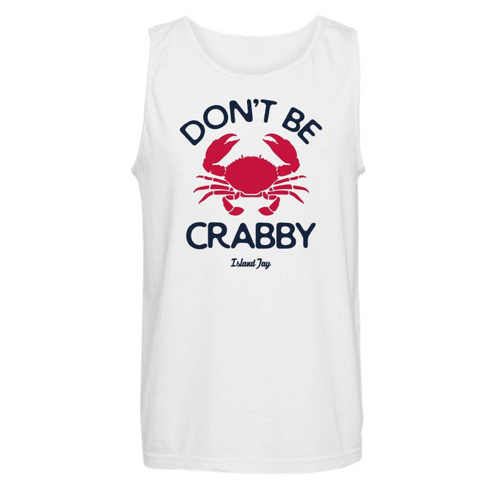 White tank top with red crab graphic and text 'Don't Be Crabby'.