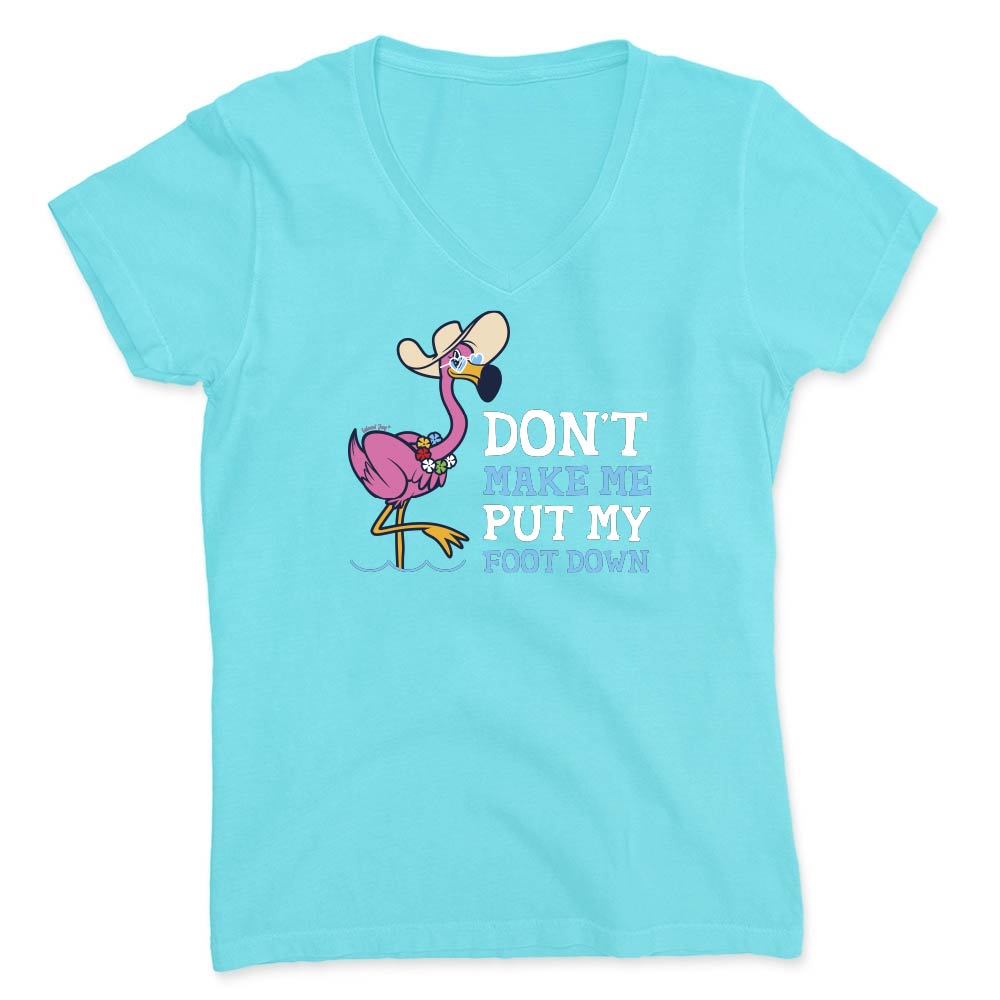 Blue t-shirt with a flamingo graphic and text reading "Don't Make Me Put My Foot Down".