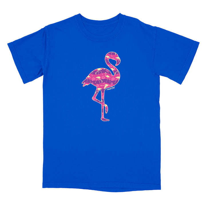 Blue t-shirt with a pink flamingo design on a white background.