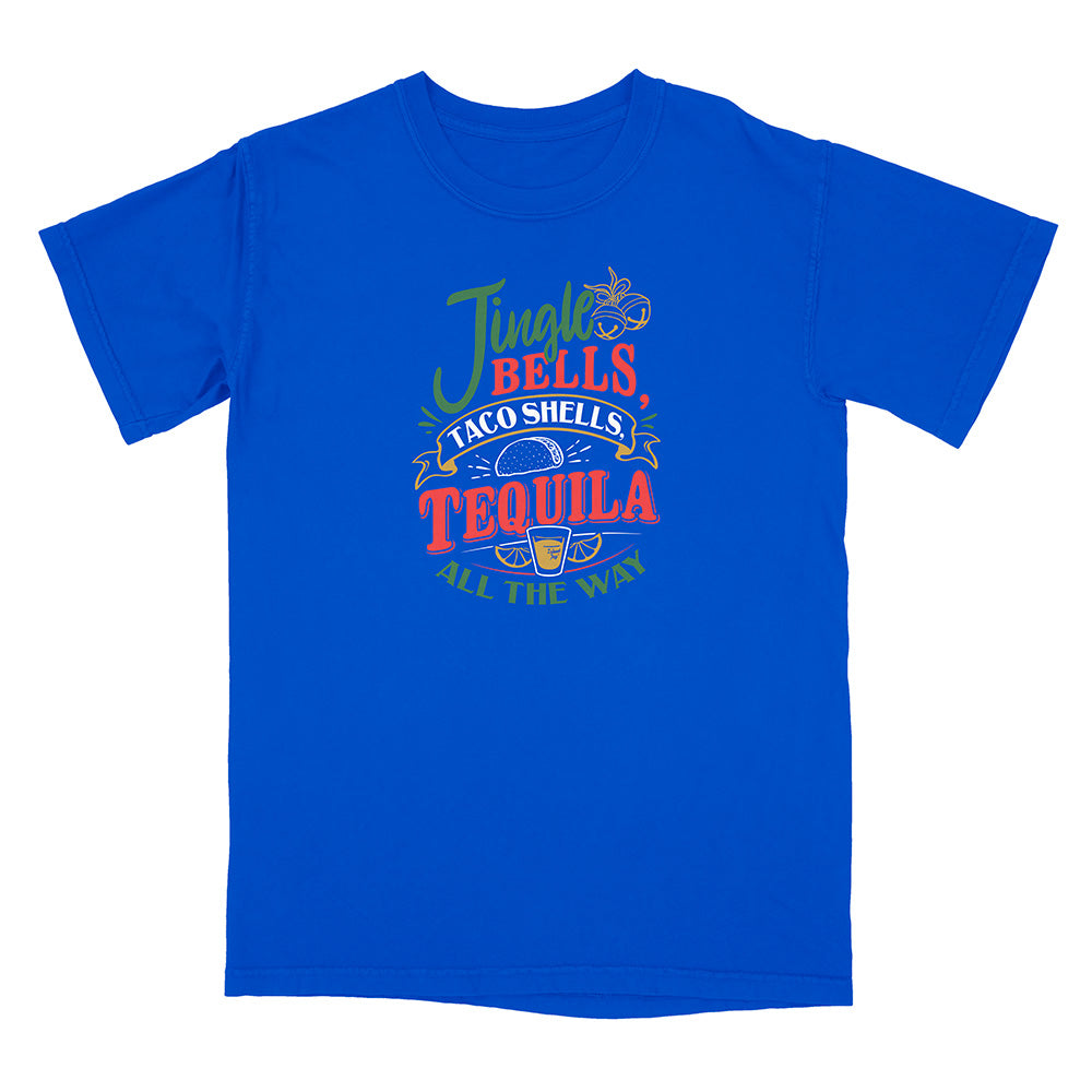 Blue t-shirt with colorful graphic and text reading "Jingle Bells Taco Shells Tequila All The Way".