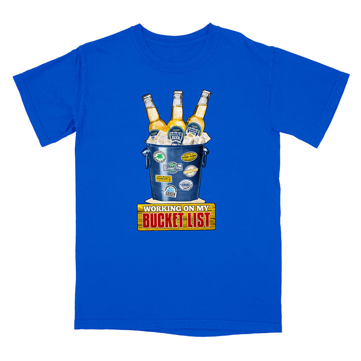 Blue t-shirt with a graphic of a bucket of beer and 'Working on my Bucket List' text.