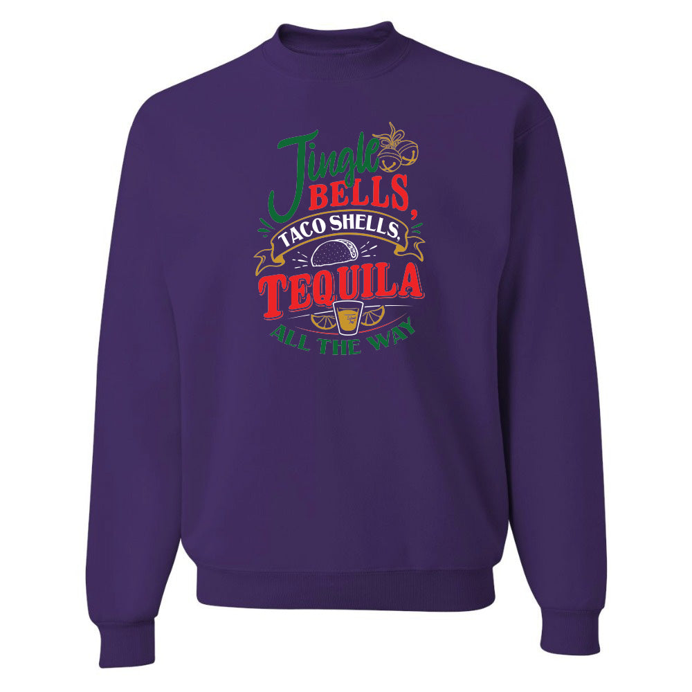 Purple sweatshirt with colorful text design on a white background