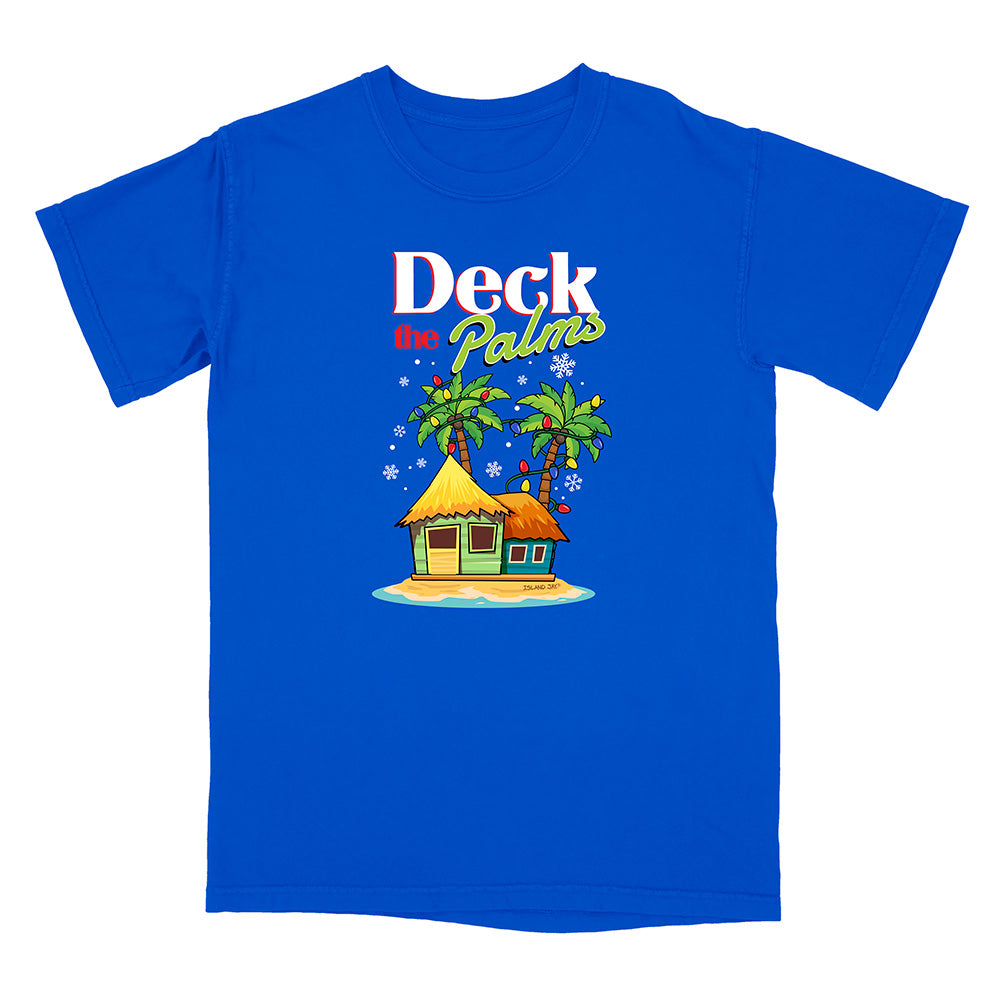Blue t-shirt with a tropical hut and palm tree design with graphic text reading "Deck The Palms" on a white