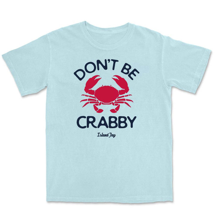 Light blue t-shirt with a red crab graphic and text "Dont be crabby" on a white background