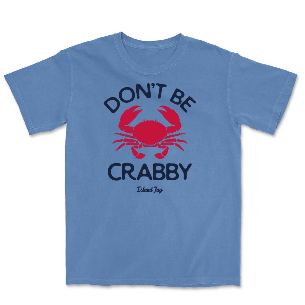 Light blue t-shirt with a red crab graphic and text "Dont be crabby" on a white background
