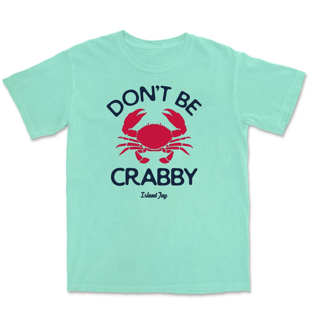 Light blue t-shirt with a red crab graphic and text "Dont be crabby" on a white background