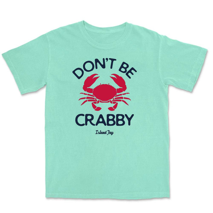 Light blue t-shirt with a red crab graphic and text "Dont be crabby" on a white background