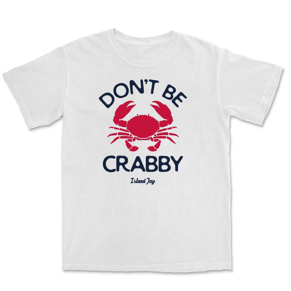 Light blue t-shirt with a red crab graphic and text "Dont be crabby" on a white background