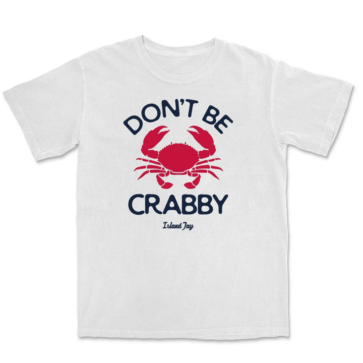 Light blue t-shirt with a red crab graphic and text "Dont be crabby" on a white background