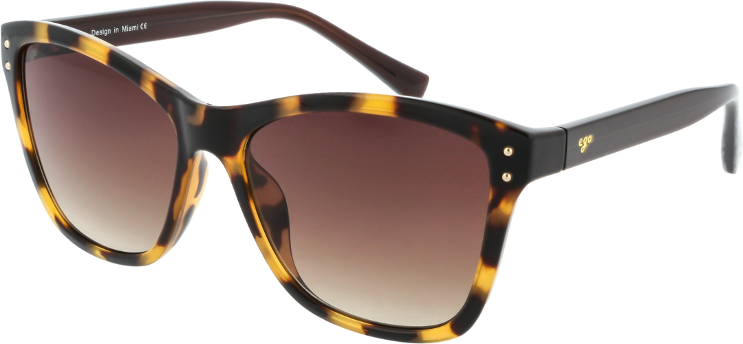 Sunglasses with tortoiseshell frame and brown gradient lenses on a white background