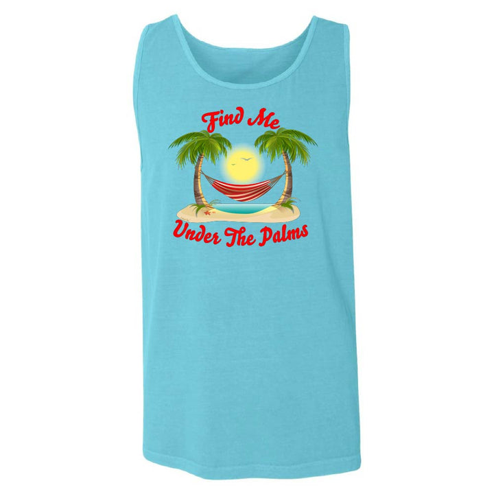 Blue tank top with tropical graphic and text.
