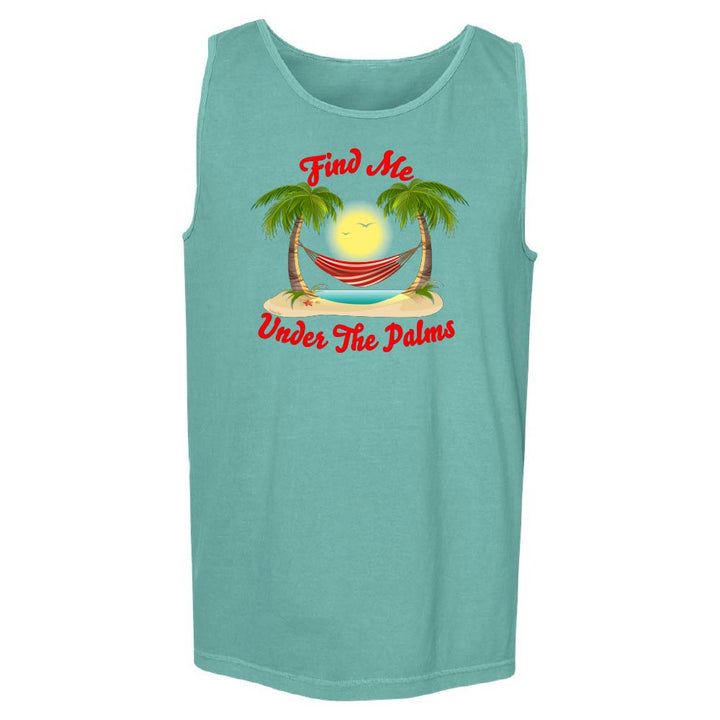 Teal tank top with tropical graphic and text.