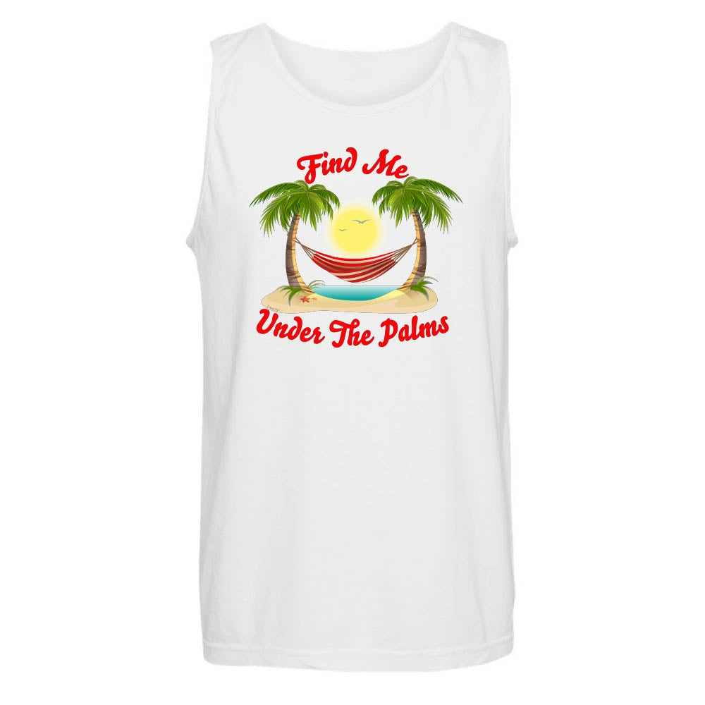 White tank top with tropical graphic and text.